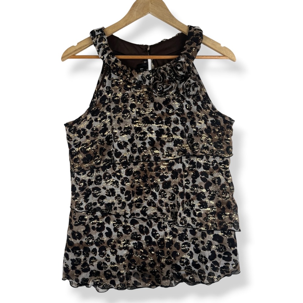 Womens‎ Top Size Large Leopard Indie Sleaze Rosette Halter Gold Tiered Ruffles